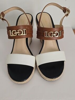 Liz Claiborne Brown and White Leather Wedge Sandals